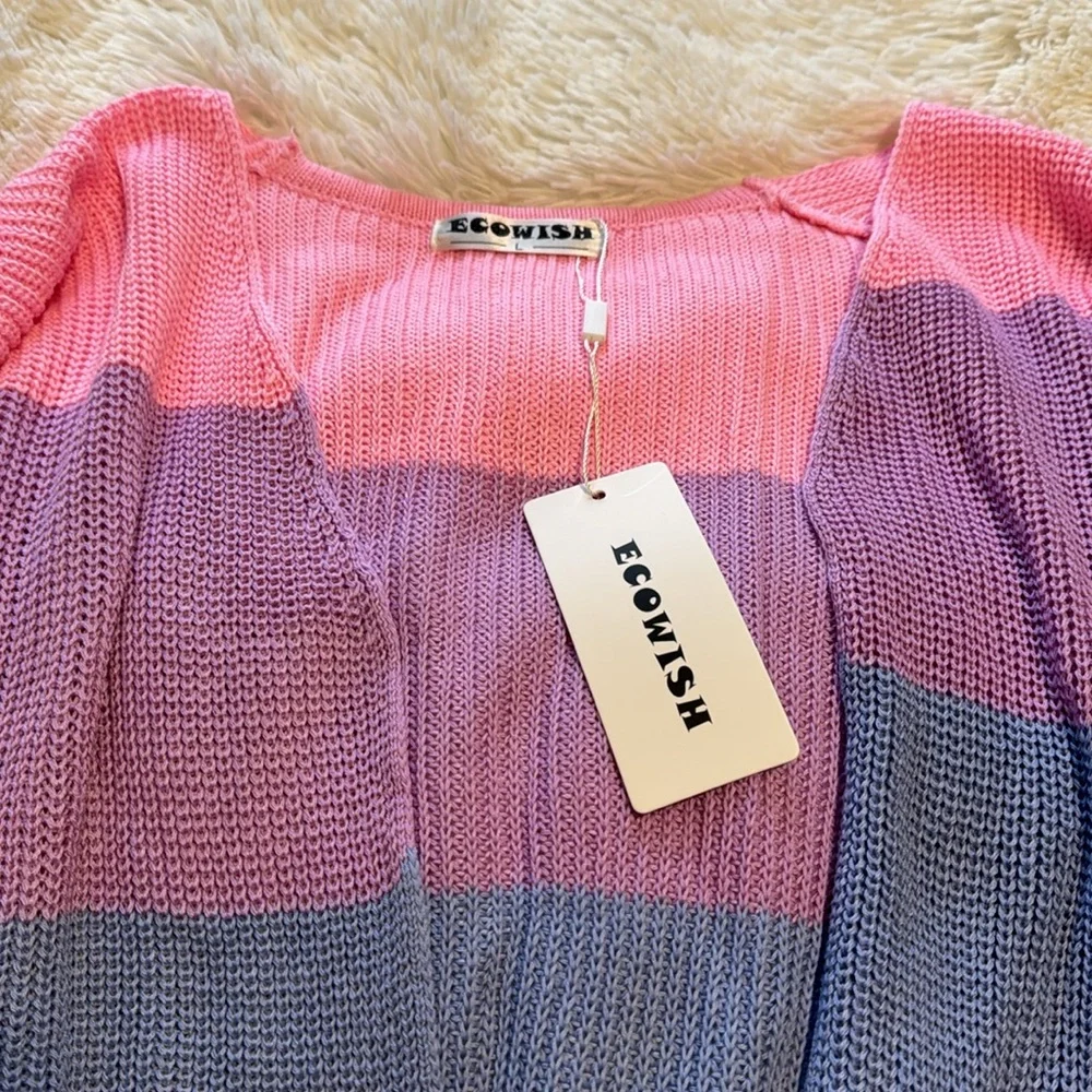 ECOWISH Rainbow 🌈 Block Striped Draped Open Front Cardigan L NWT - Picture 10 of 16